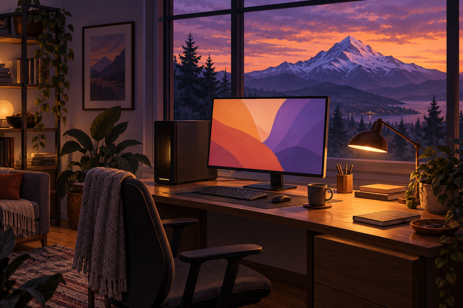A home office desk with a glowing compact computer in front of a window showing a mountain summit at dusk.