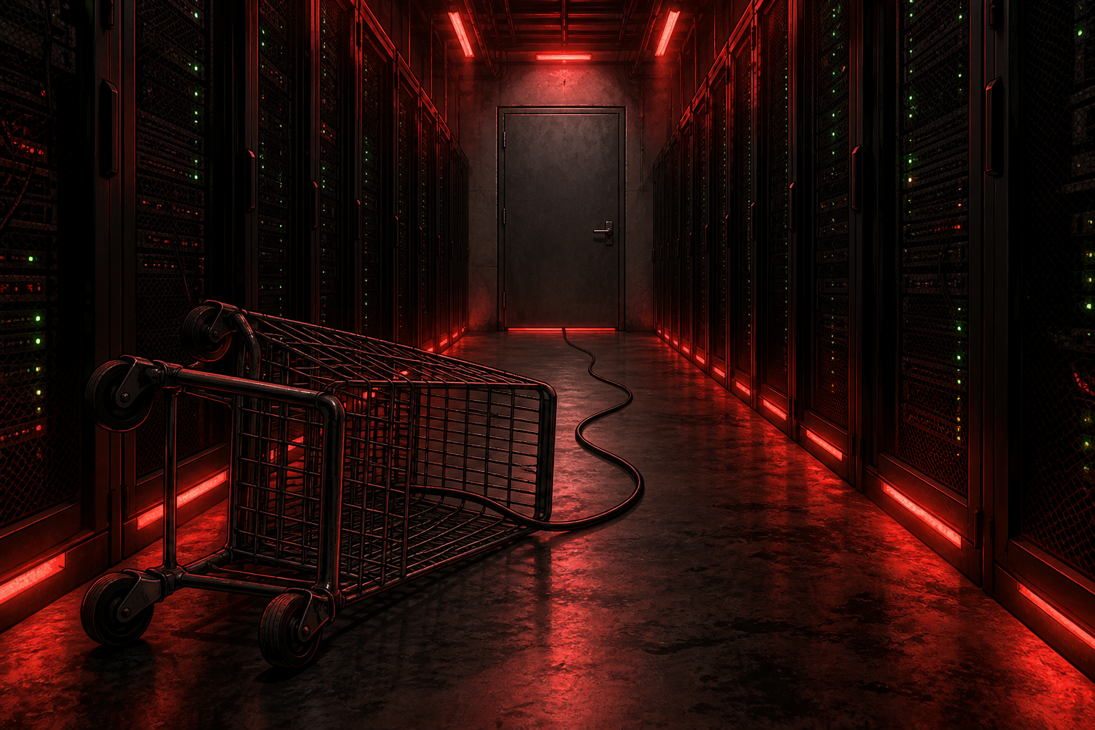 An overturned shopping cart in a dark server corridor lit by red emergency lights, with a cable running under a door.