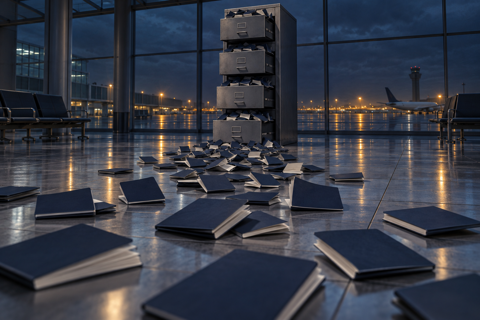 An open filing cabinet spilling passport-shaped booklets across the floor of an empty airport hall at night.