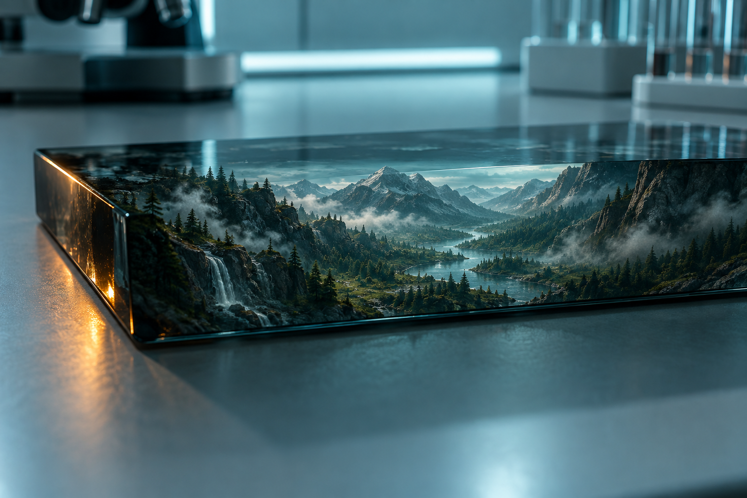 A close-up of a phone-sized glass slab on a workbench showing a detailed miniature landscape inside it.