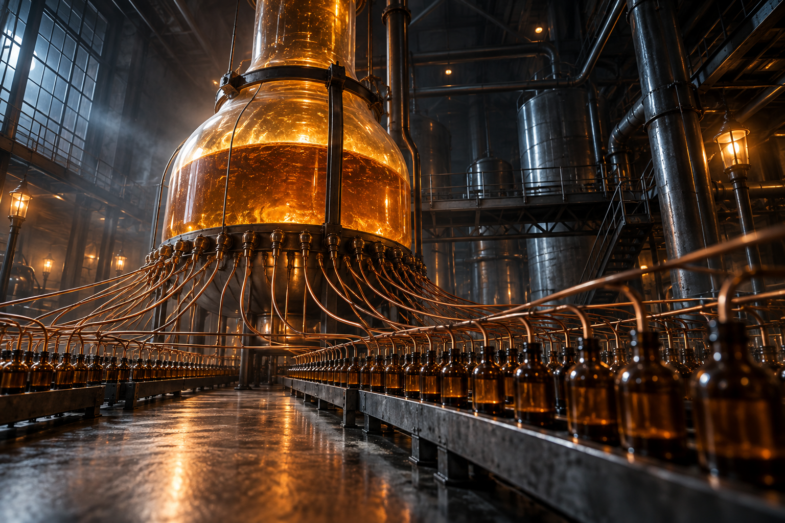 A giant glass vessel of amber liquid drained by many copper tubes into rows of small bottles on a dark factory floor.