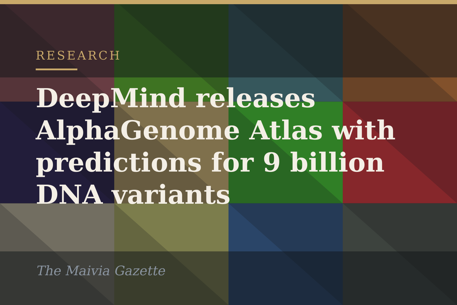 Typographic card: DeepMind releases AlphaGenome Atlas with predictions for 9 billion DNA variants