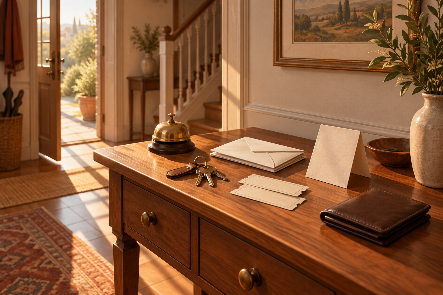 A wooden concierge desk in a sunlit home hallway holding a bell, keys, envelopes, tickets, and a wallet.