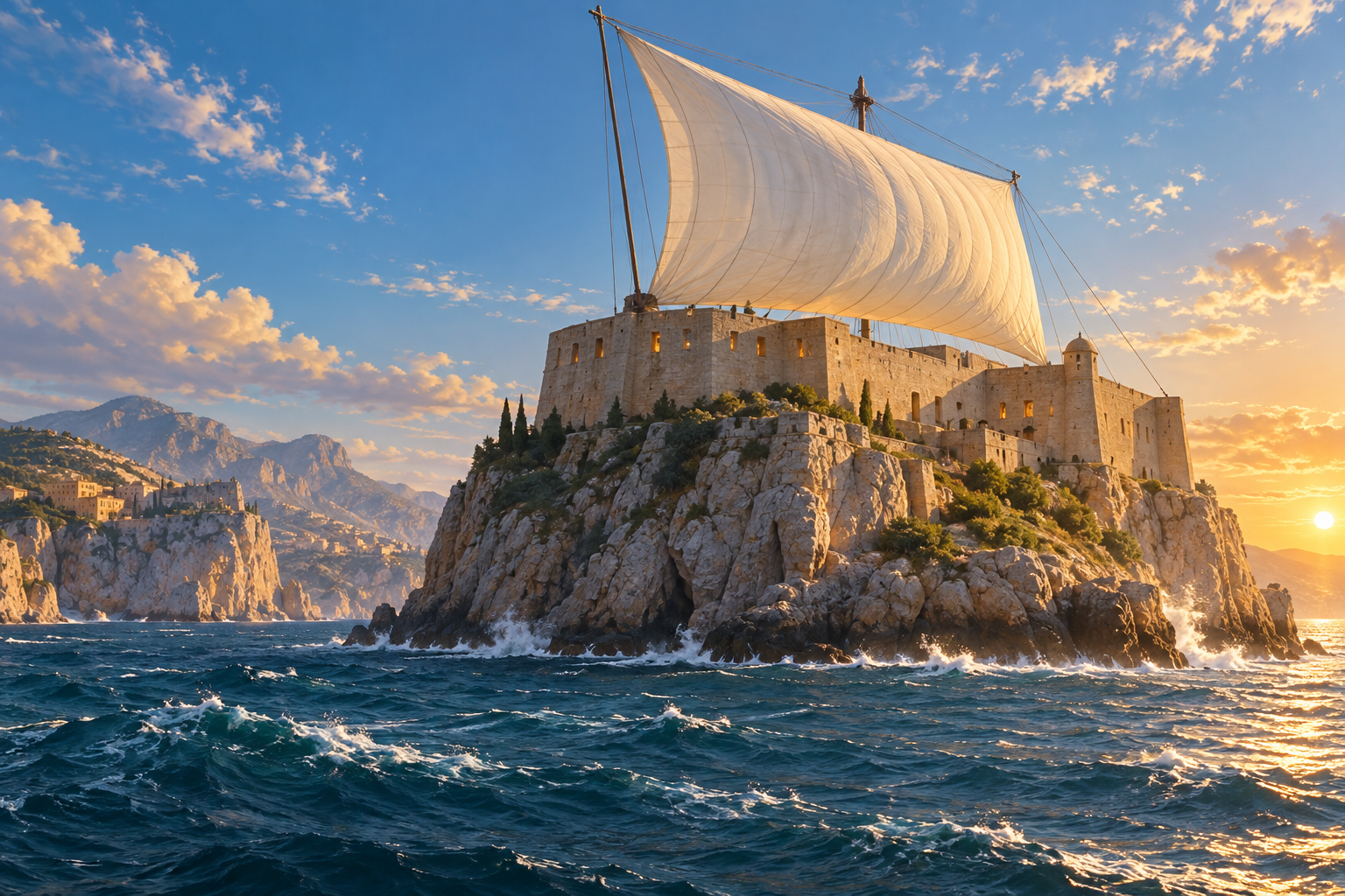 A huge white sail catching wind above a sandstone fortress on a sunny Mediterranean cliff.