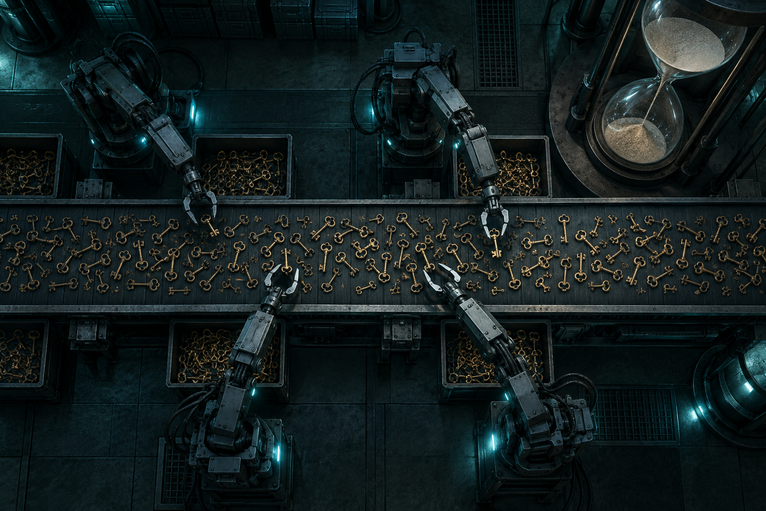 Overhead view of mechanical arms picking brass keys off a conveyor belt in a dim teal server hall beside an emptying hourglass.