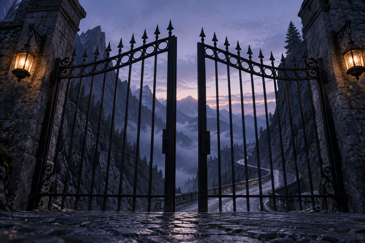A wrought-iron gate closing across a misty mountain pass at twilight, lit by two lanterns.