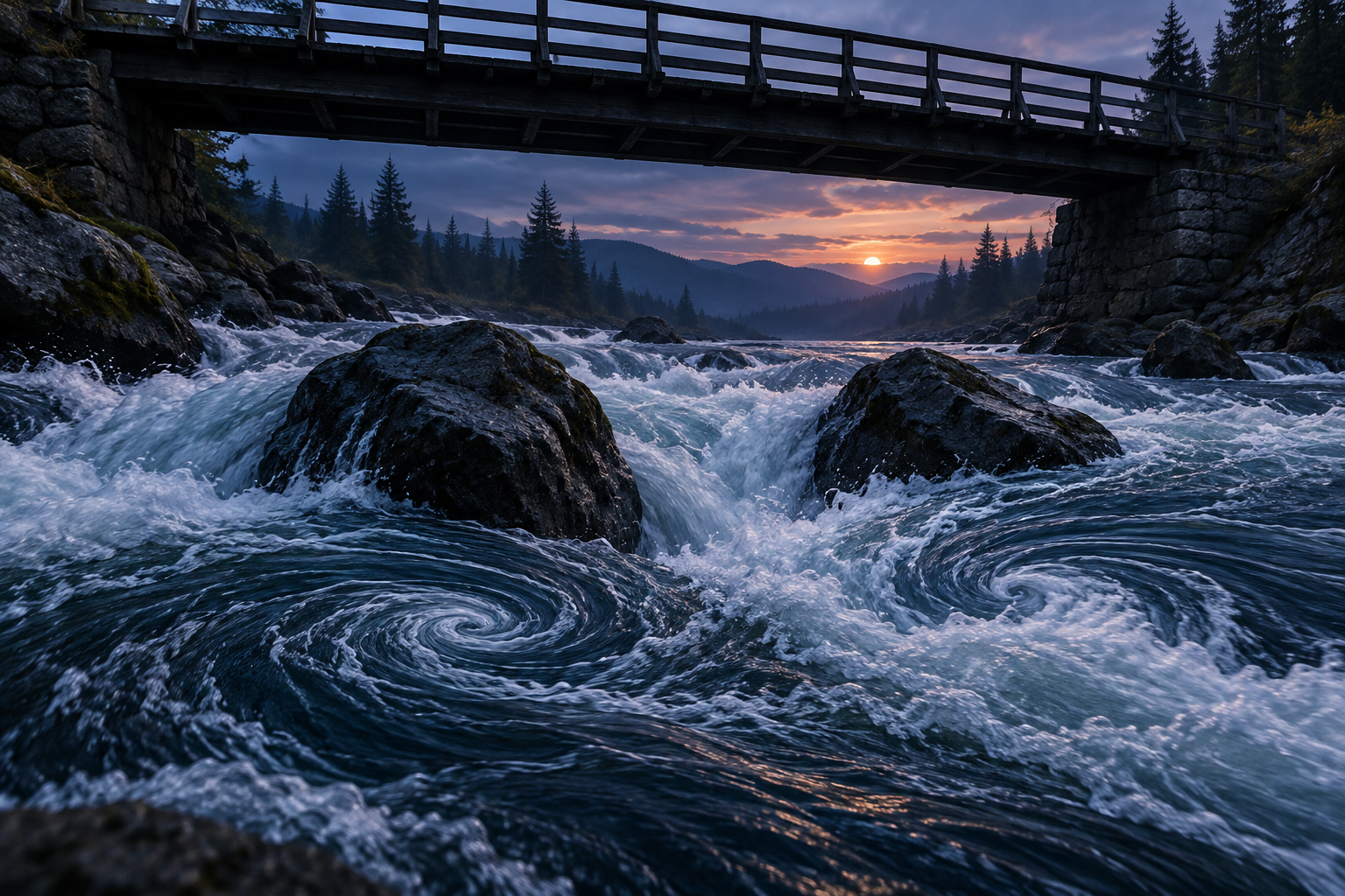 A turbulent river swirling around two boulders beneath a footbridge at dusk, in deep indigo and white.
