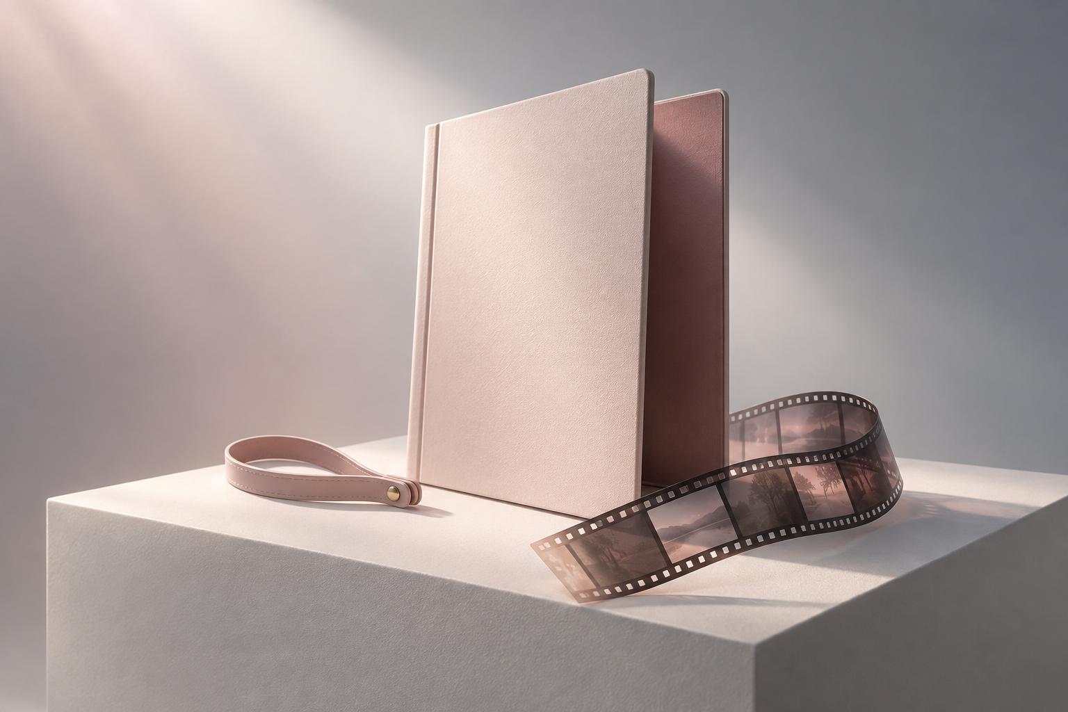 A hinged slab stands half open on a white pedestal beside a wristband and a curl of film negative.