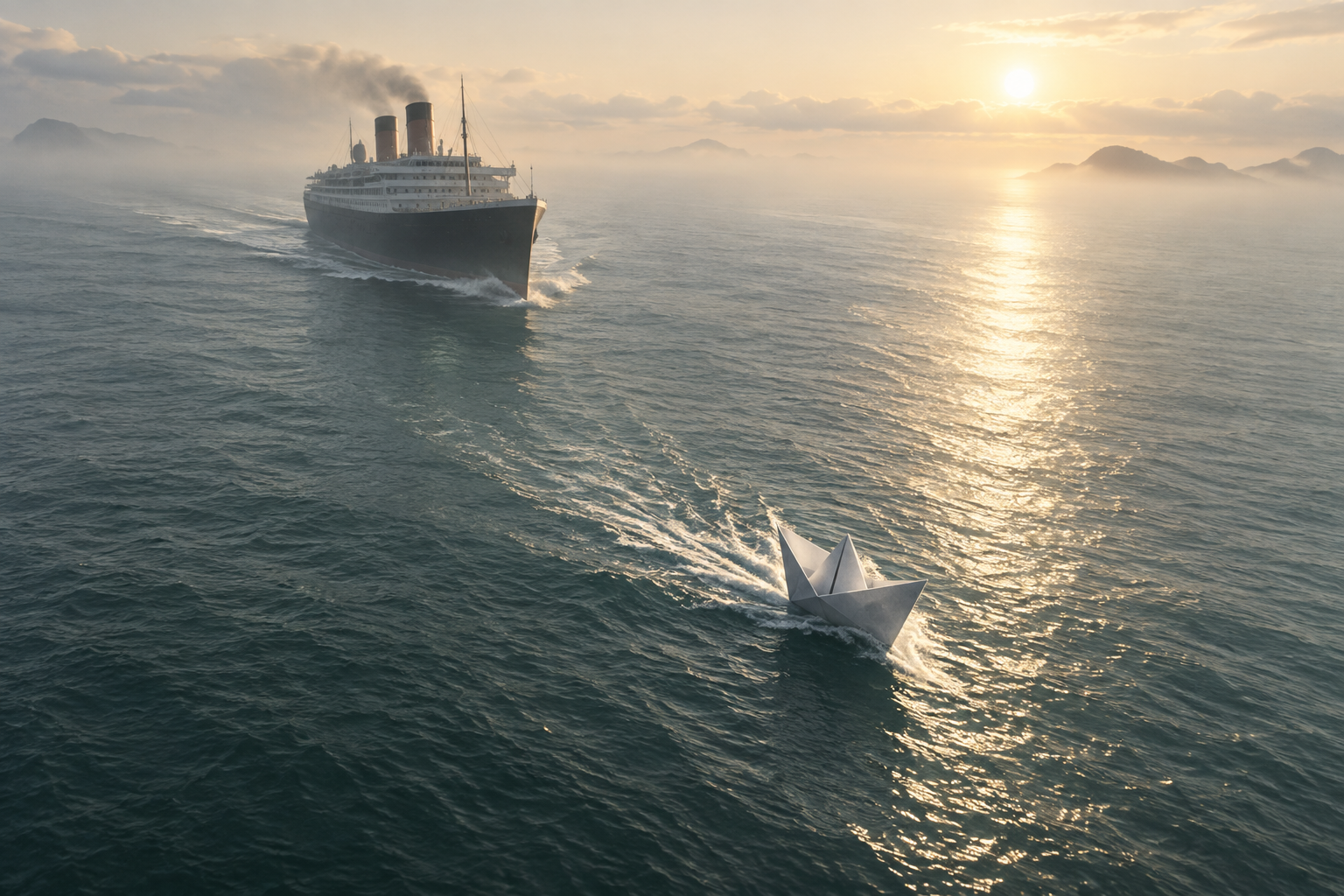 From high above, a small paper boat races ahead of a large ocean liner on hazy morning water.