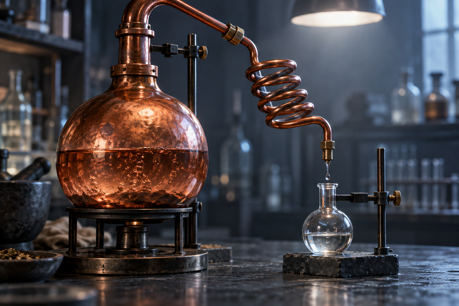 A copper distillation apparatus drips liquid from a large flask into a small one under cold lab light.