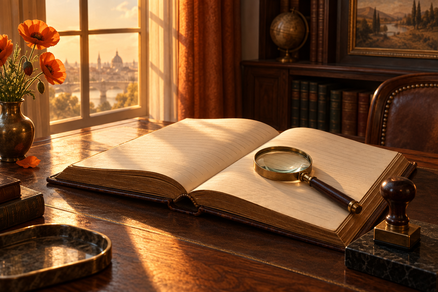 An open ledger with a magnifying glass and stamp sits on a desk beside orange poppies in warm afternoon light.
