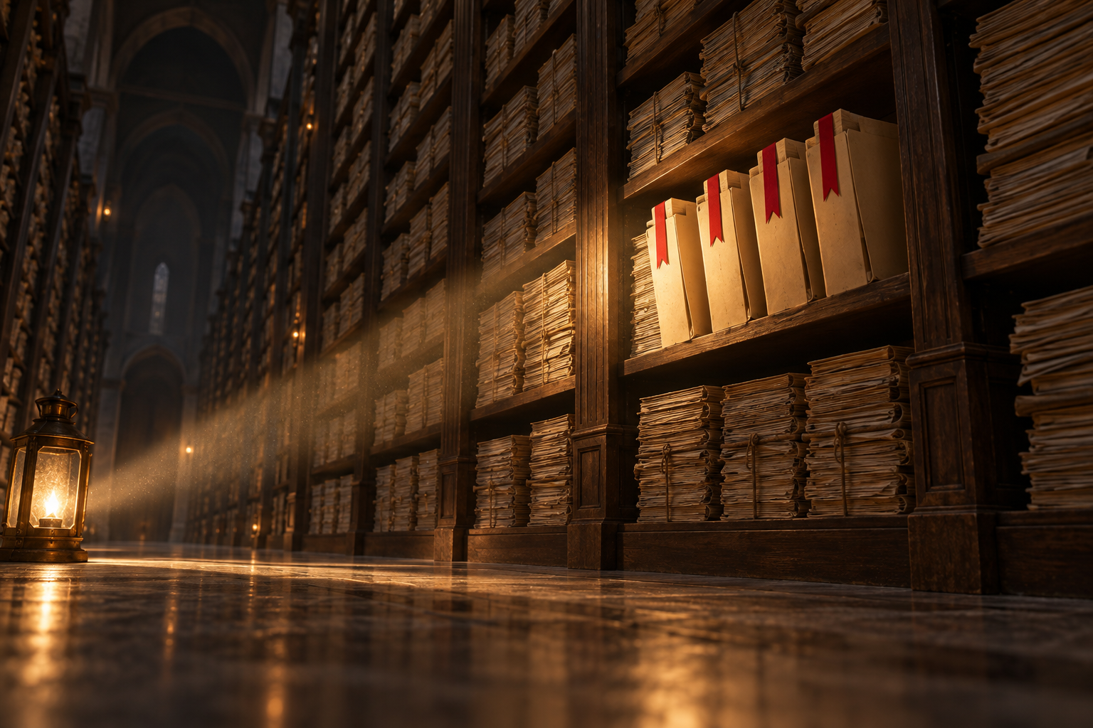 A lantern beam sweeps across endless archive shelves, picking out four red-tagged folders.