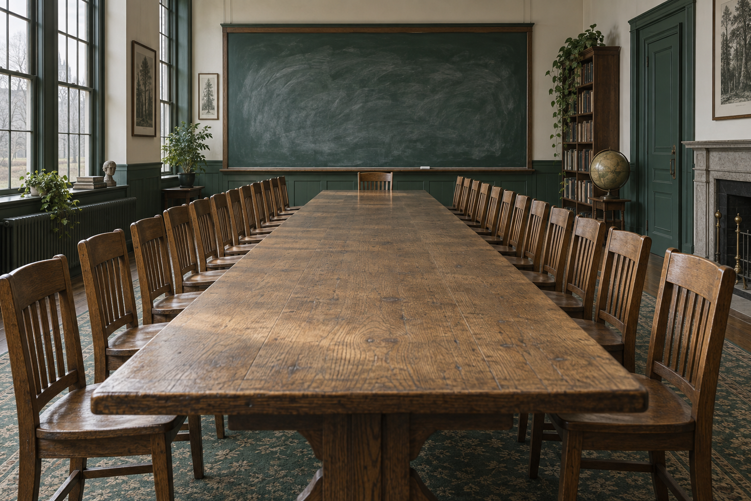 A long seminar table with twenty-five empty chairs faces an erased chalkboard under soft daylight.