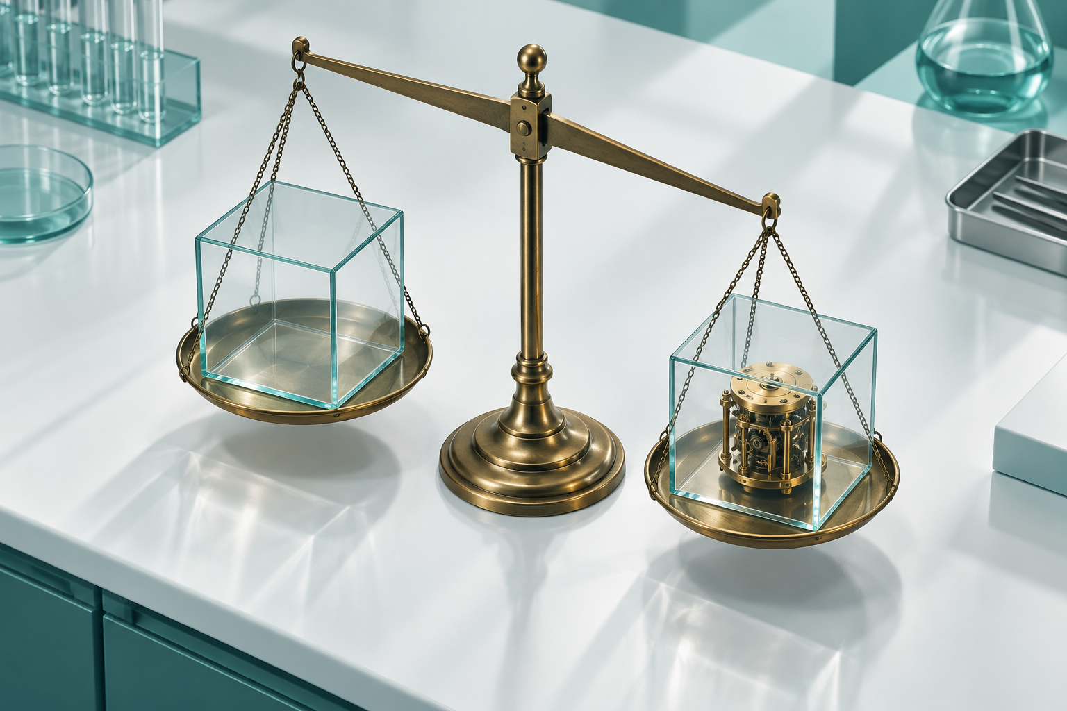 Two glass cubes, one empty and one holding a brass module, sit either side of a balance scale on a white bench.