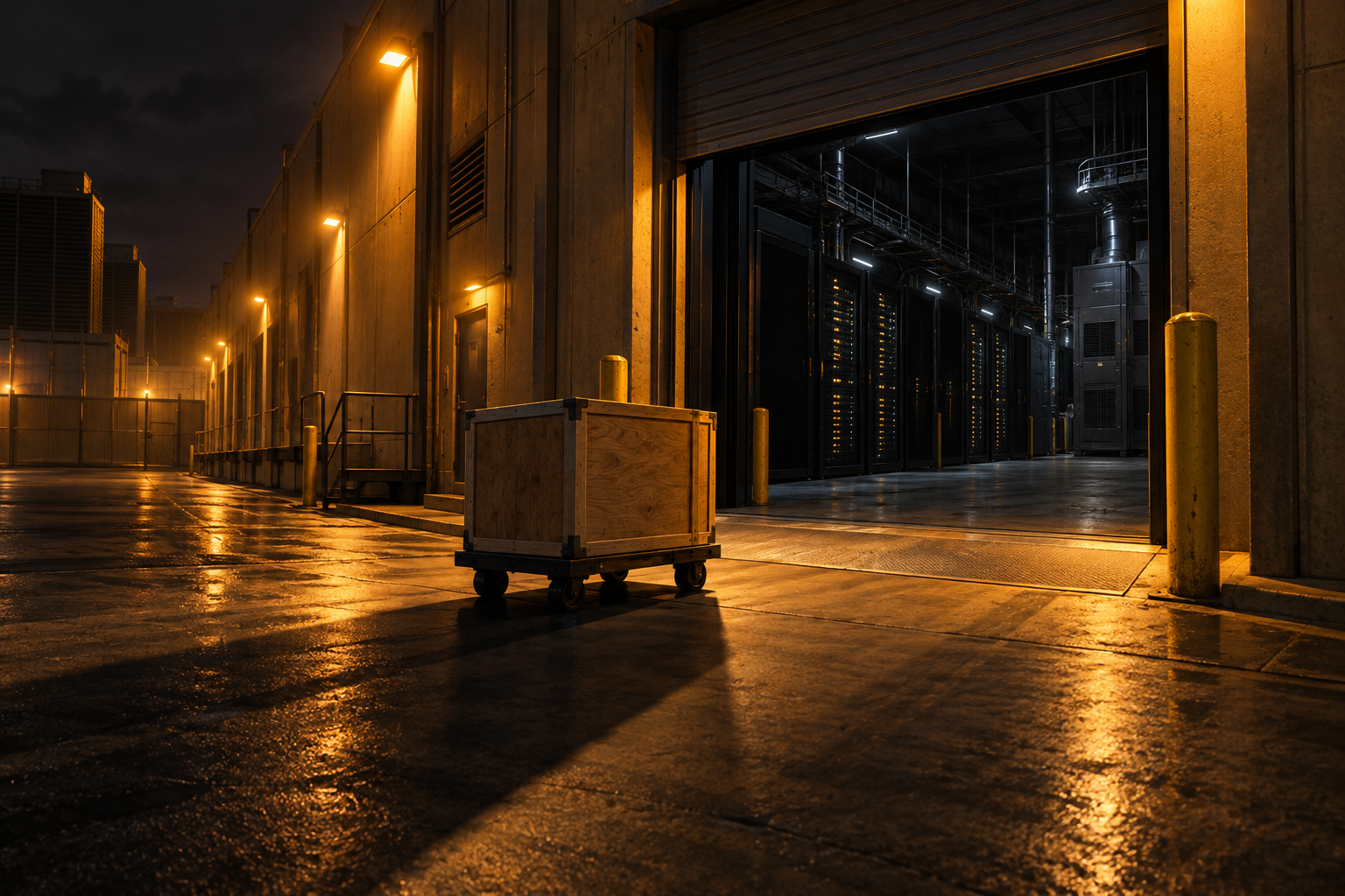 An open, unguarded loading dock door at a data hall at night with an unmarked crate rolling in.