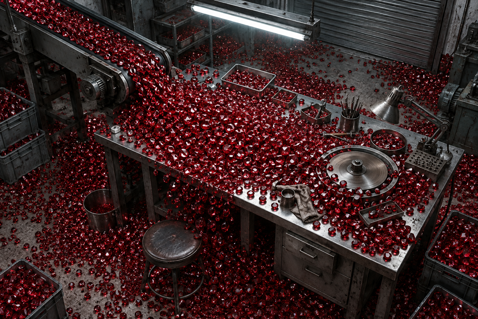 Thousands of identical red counterfeit gems spill from a conveyor across a gem-cutter's workbench under cold fluorescent light.