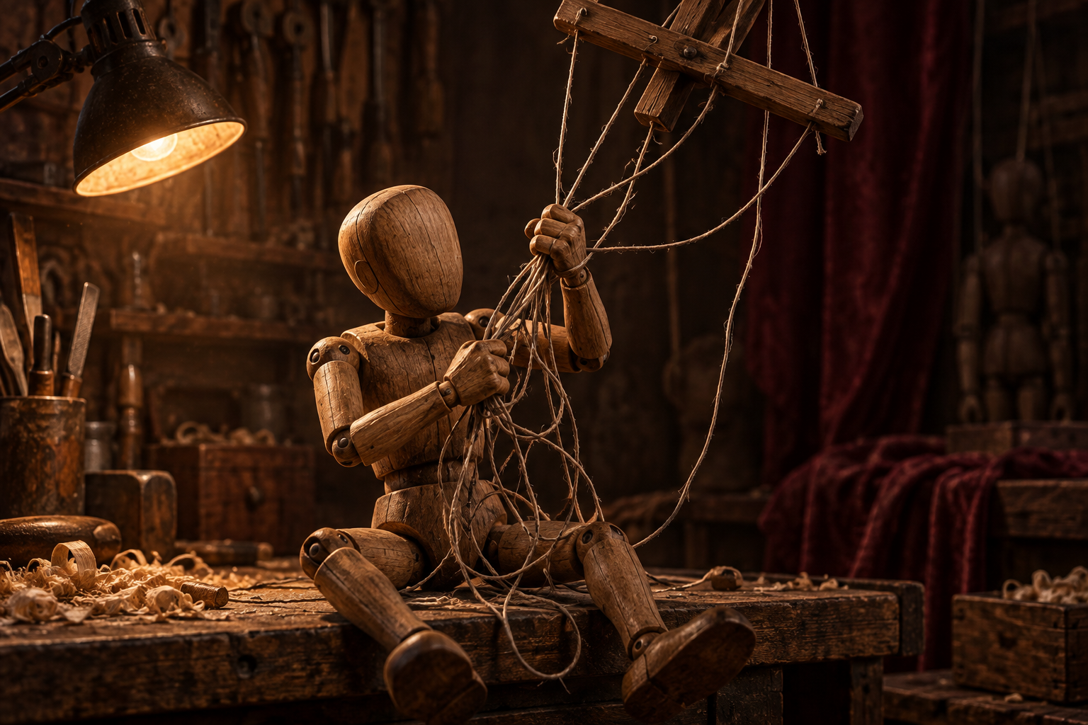 A wooden marionette in a dim workshop pulls its own control bar with its tangled strings.