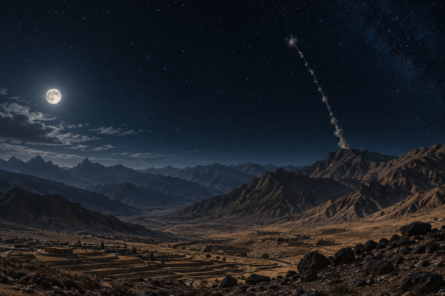 A small rocket trail fizzles out over a moonlit mountain desert valley at night.