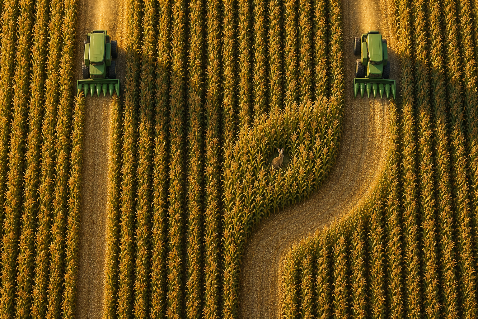 Two tractors harvest a cornfield from above, one swerving around a hare and the other driving straight.