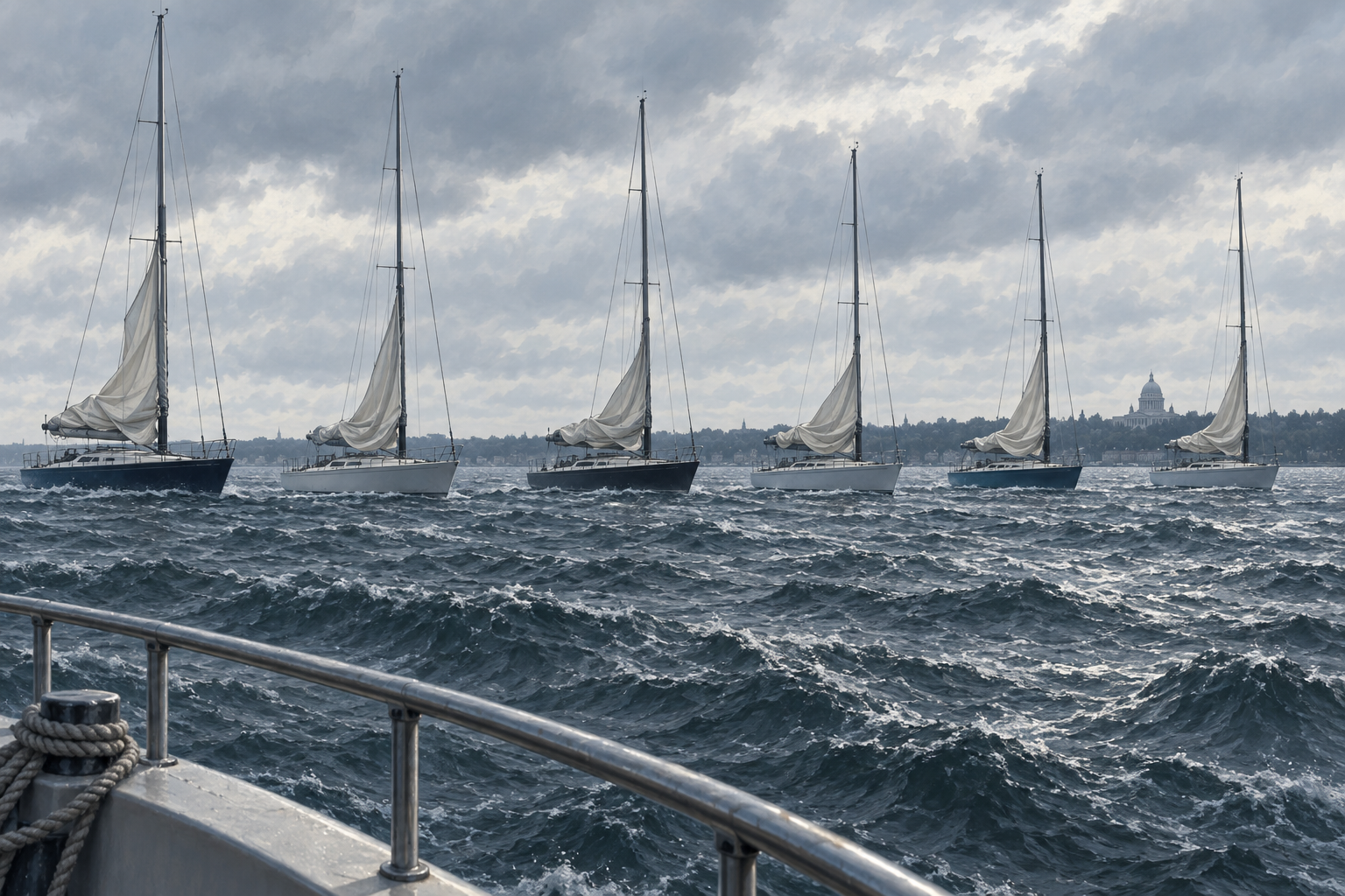 A line of racing sailboats lower their sails together on grey water in front of a distant domed building.