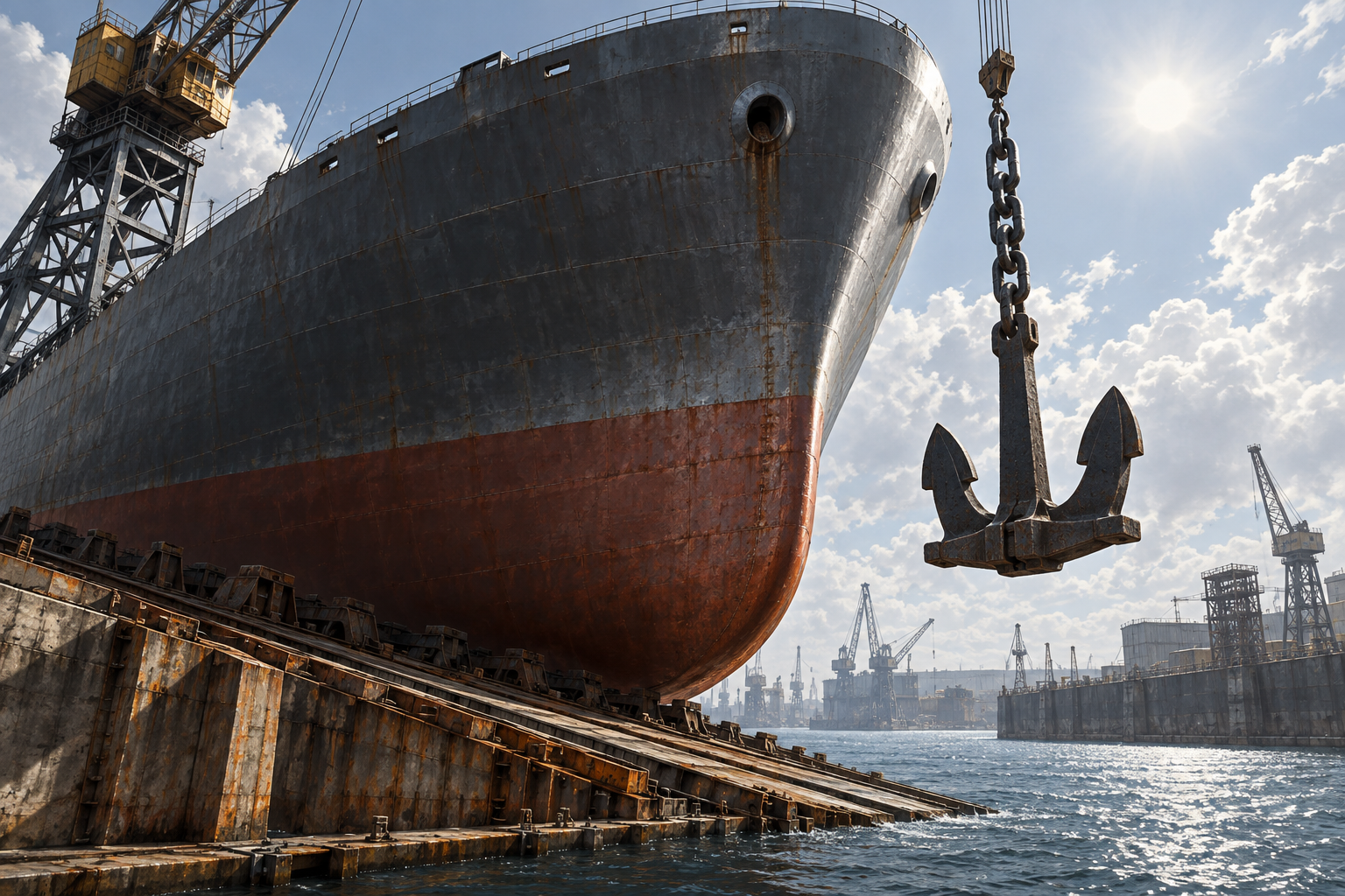 A crane lowers a giant anchor toward a huge ship hull waiting on a shipyard slipway.