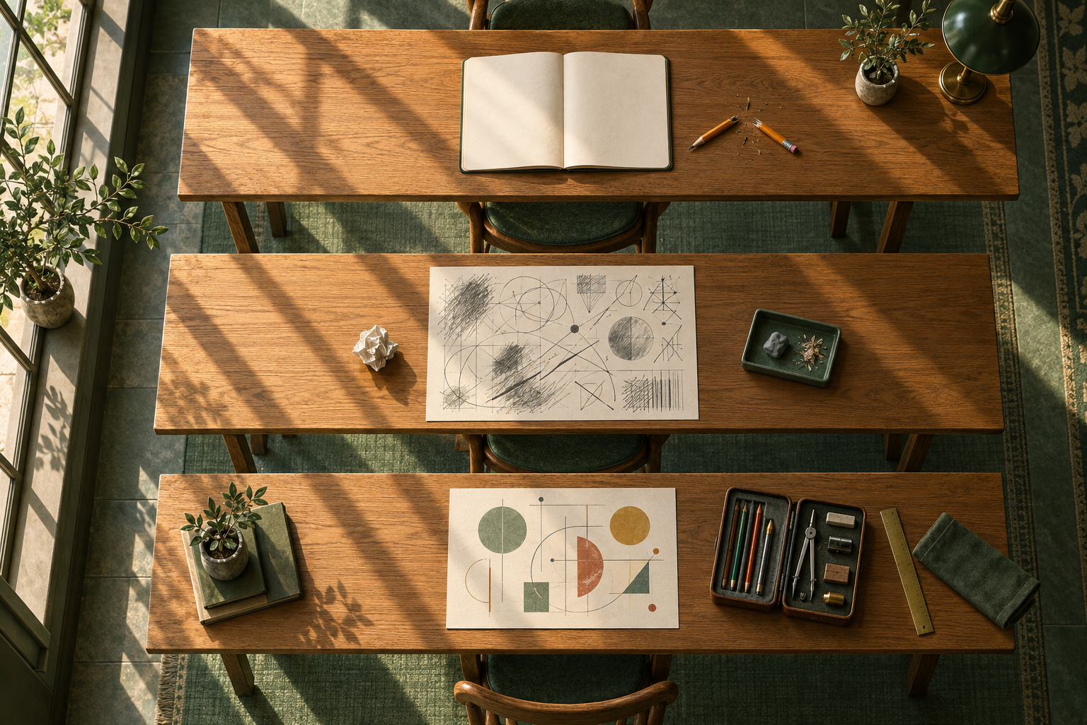 Three seminar tables seen from above hold a blank notebook, a scribbled page, and a neatly annotated page with a toolkit.