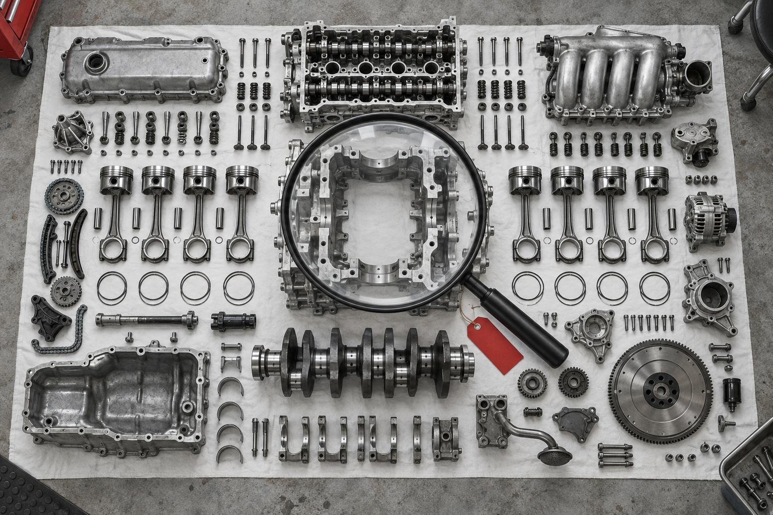 A top-down view of engine parts laid out on a white sheet with a magnifying glass over the empty center.