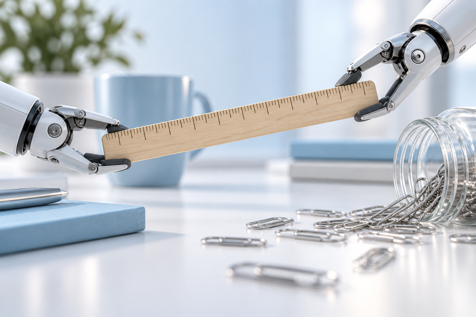 Two robotic grippers hand a wooden ruler across a white desk as paper clips spill from a jar.