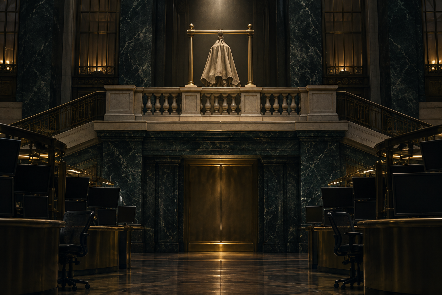 An opening bell on an empty exchange balcony sits wrapped in cloth under a single spotlight.