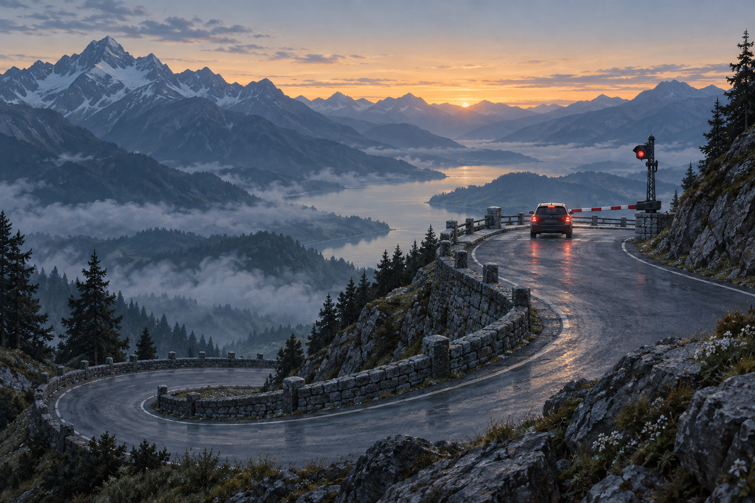A lone car slows on a mountain switchback road at dawn before a lowered semaphore signal arm.