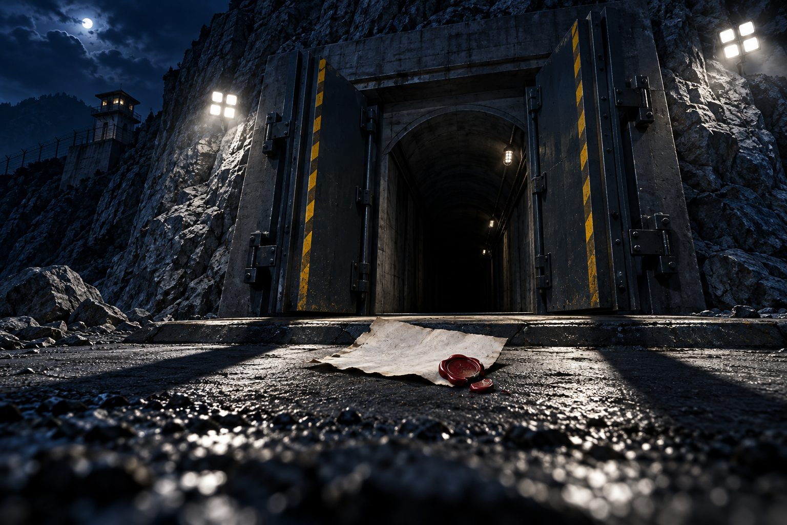 A torn certificate with a broken seal lies at the threshold of a floodlit steel tunnel door at night.