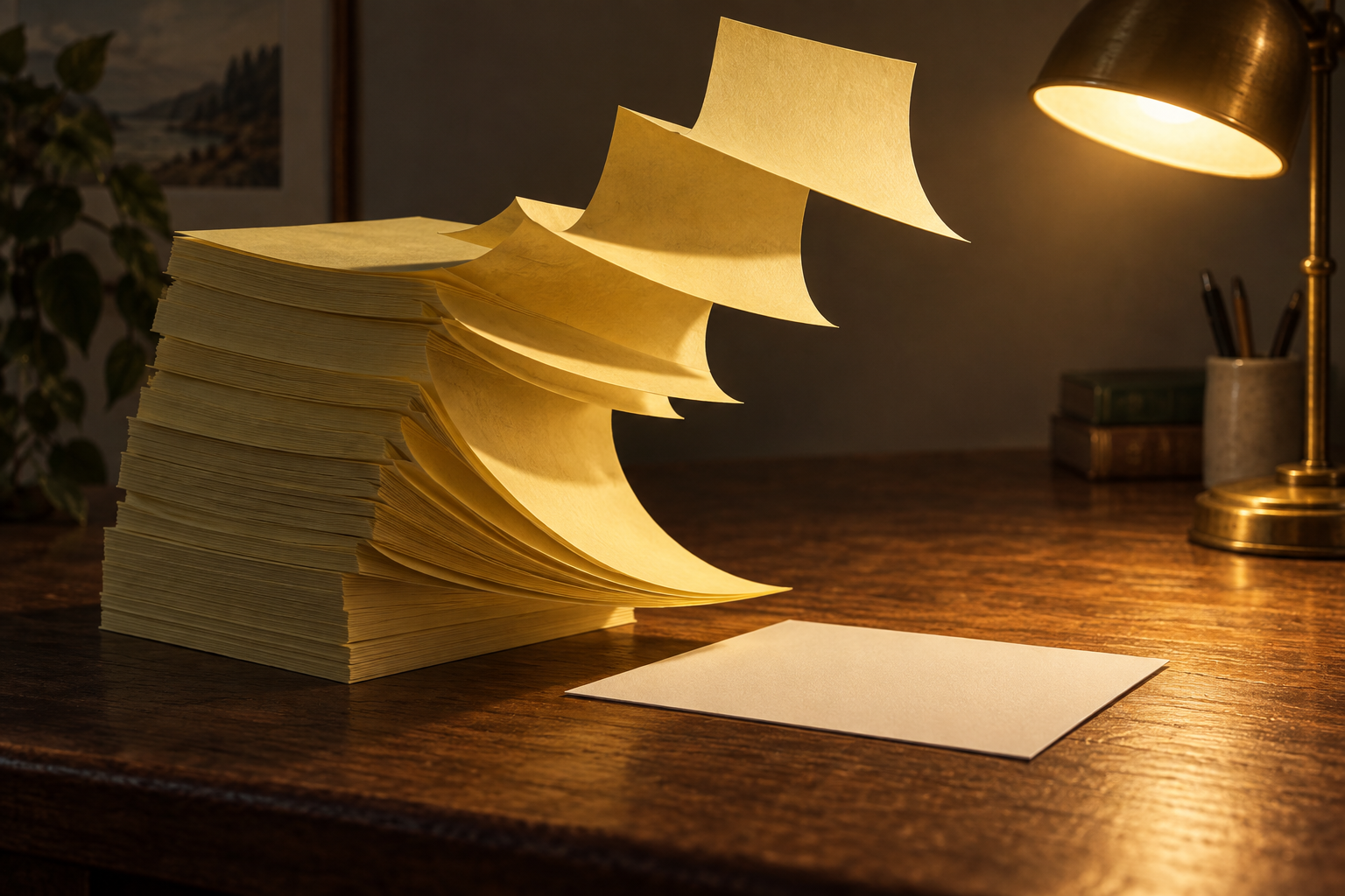 A tall stack of sticky notes peels away on a desk to reveal one clean index card under lamplight.