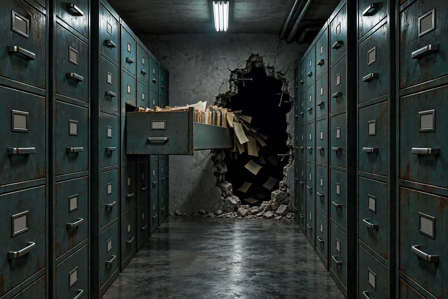 A filing cabinet drawer in an archive corridor has been pulled open through a hole in the wall, spilling papers.