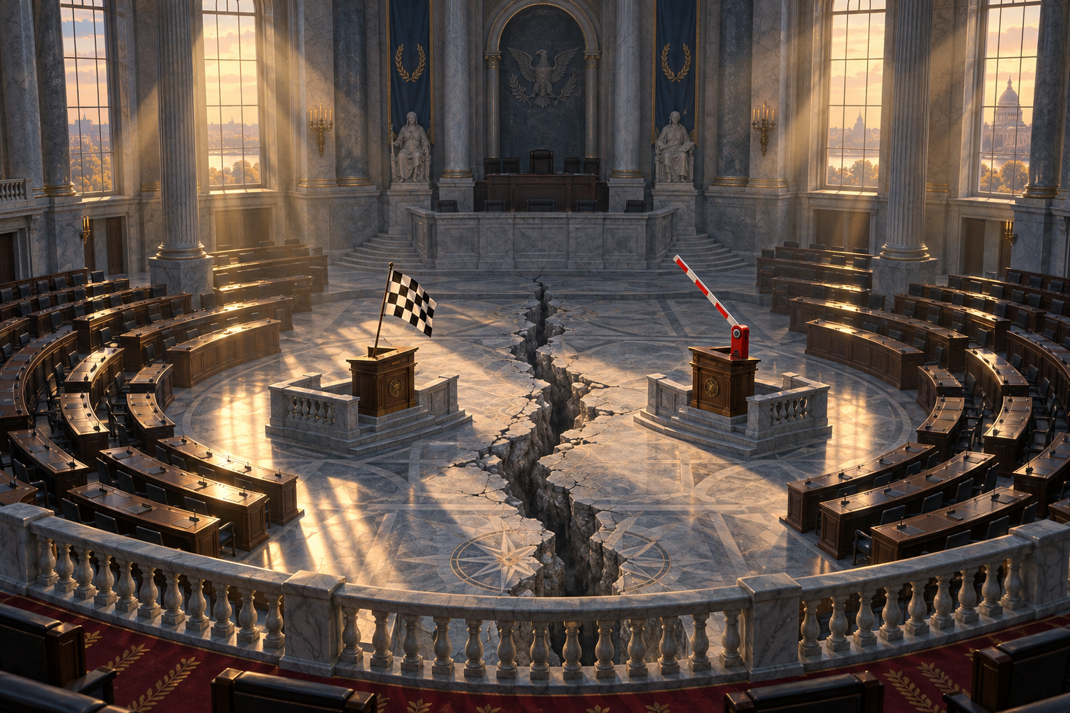 An empty marble legislative chamber with a crack in the floor between a podium holding a racing flag and a podium holding a road barrier.