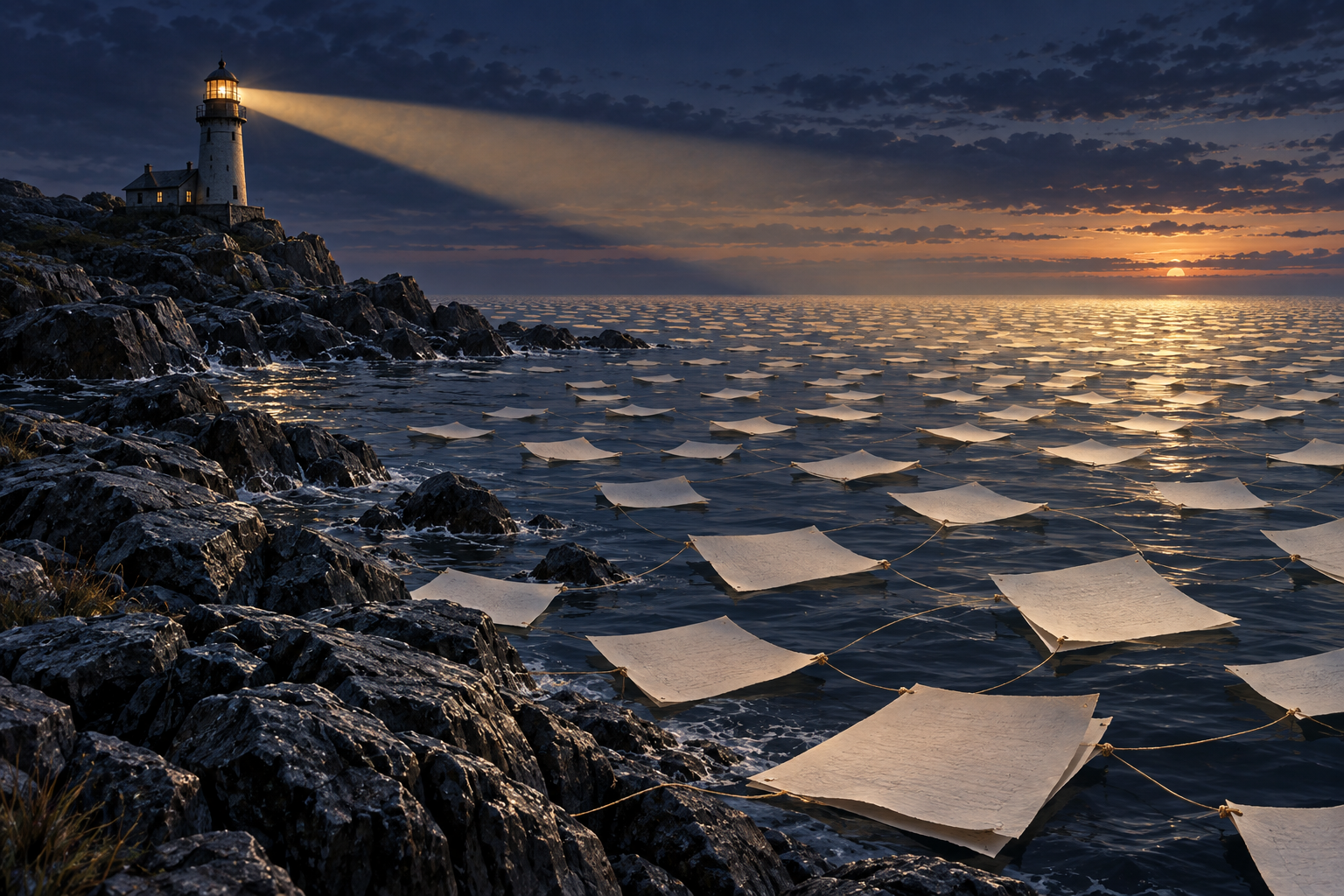A lighthouse beam sweeps over a sea made of interlinked paper pages at twilight.