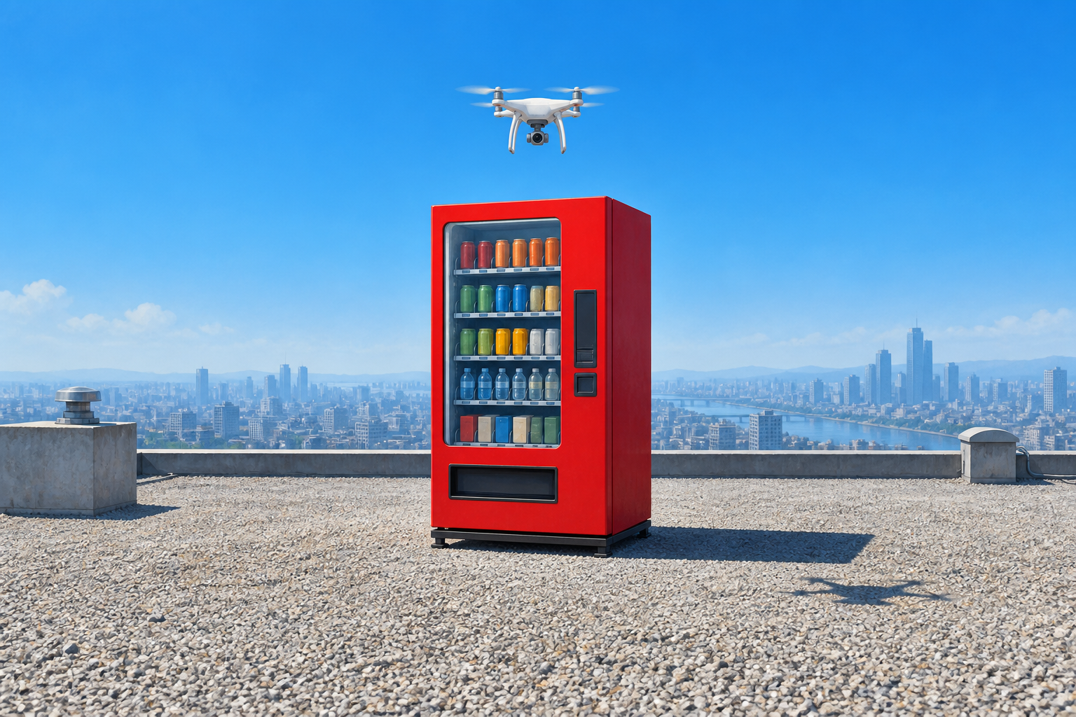 A red vending machine sits on a sunlit rooftop while a small drone hovers above it.