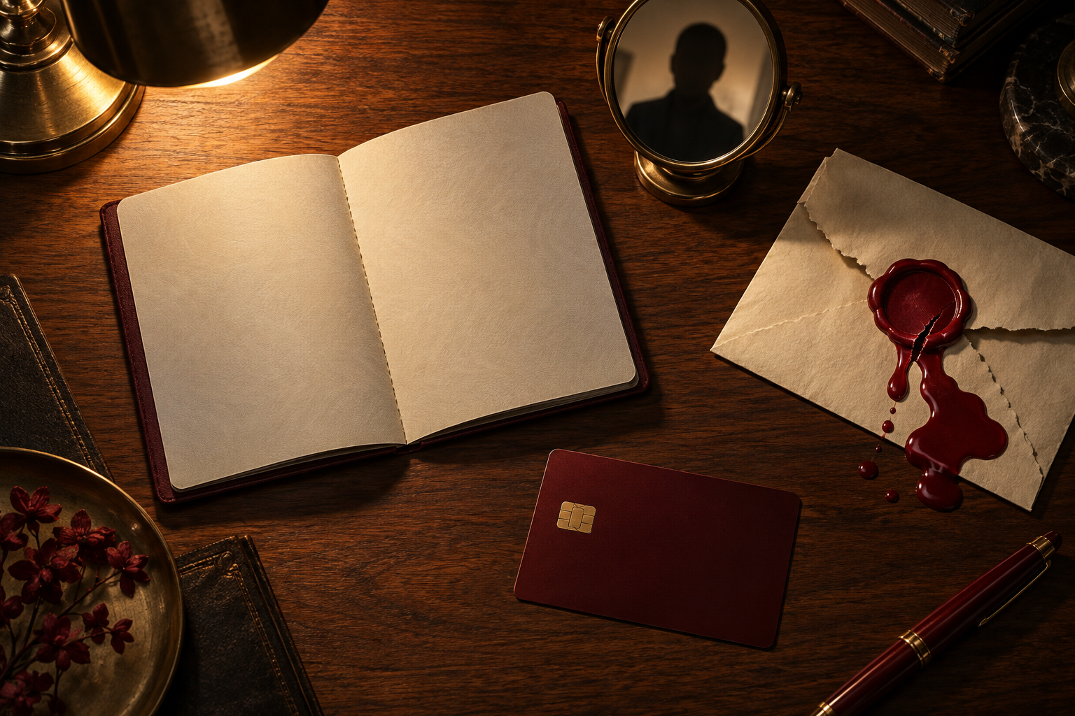 A passport, bank card, and envelope with a cracked, melting wax seal lie on a lamplit desk.