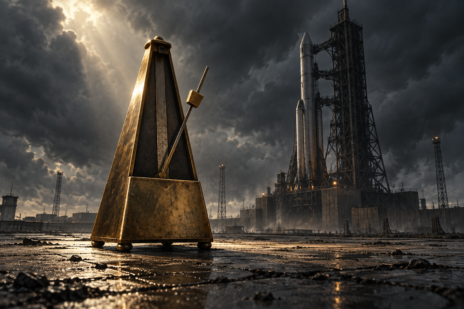 A brass metronome stands on a concrete launch pad in front of a rocket gantry under storm clouds.