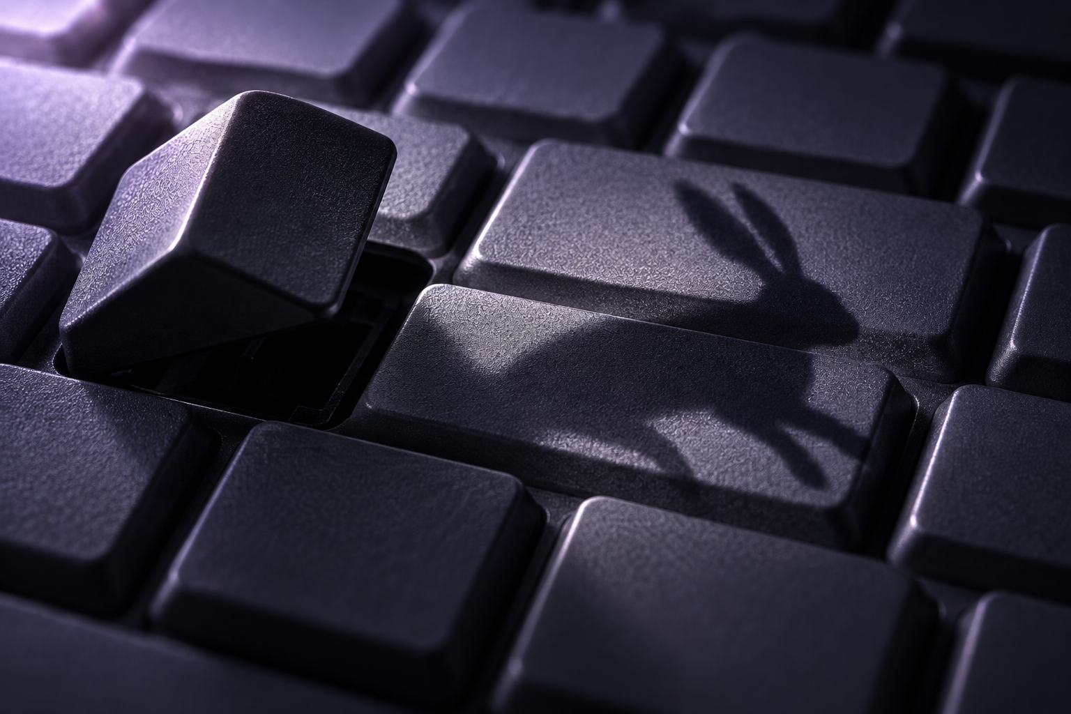A grey rabbit-shaped shadow slips out from under a pried-up keycap on a dark keyboard.