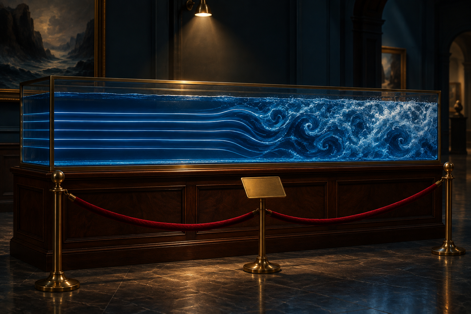 A museum display case containing a channel of water that turns from smooth streamlines into turbulence, behind a red velvet rope.