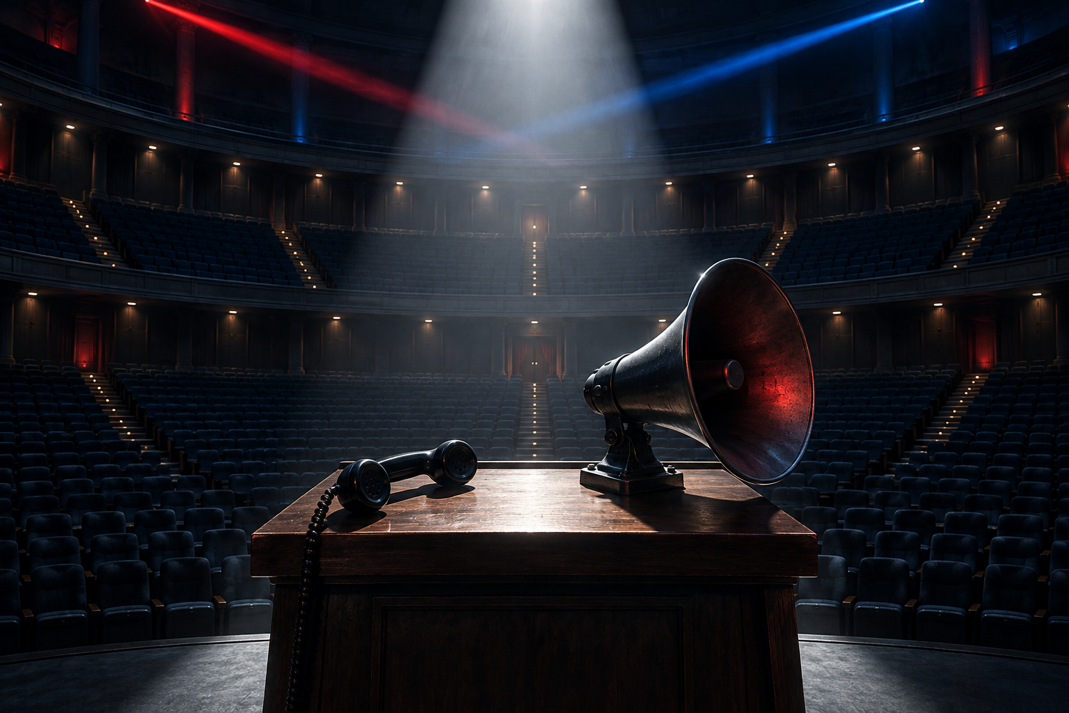 An empty amphitheater seen from behind a podium where a telephone handset and a horn loudspeaker sit under a harsh spotlight.