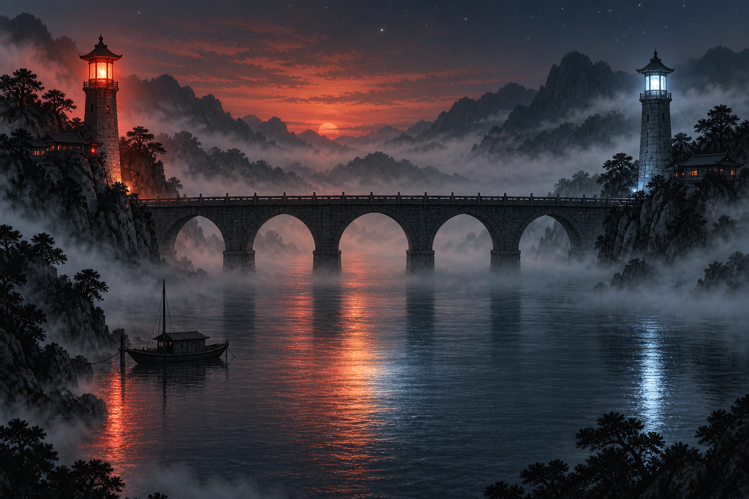 An aerial dusk view of a stone bridge over a foggy river with a red lantern tower on one bank and a blue one on the other.