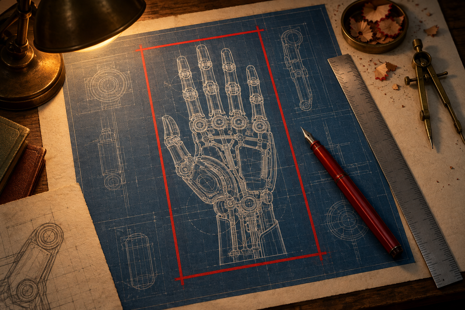 An overhead view of a blueprint of a mechanical hand boxed in by thick red boundary lines on a lamp-lit drafting table.