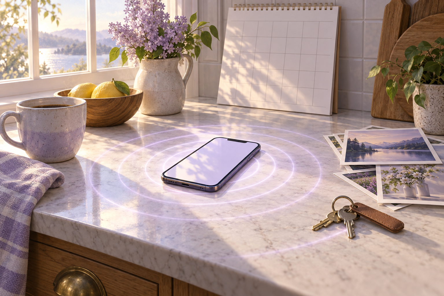 A smartphone on a sunlit kitchen counter sends soft ripples of light across a calendar, photographs, keys, and a coffee cup.
