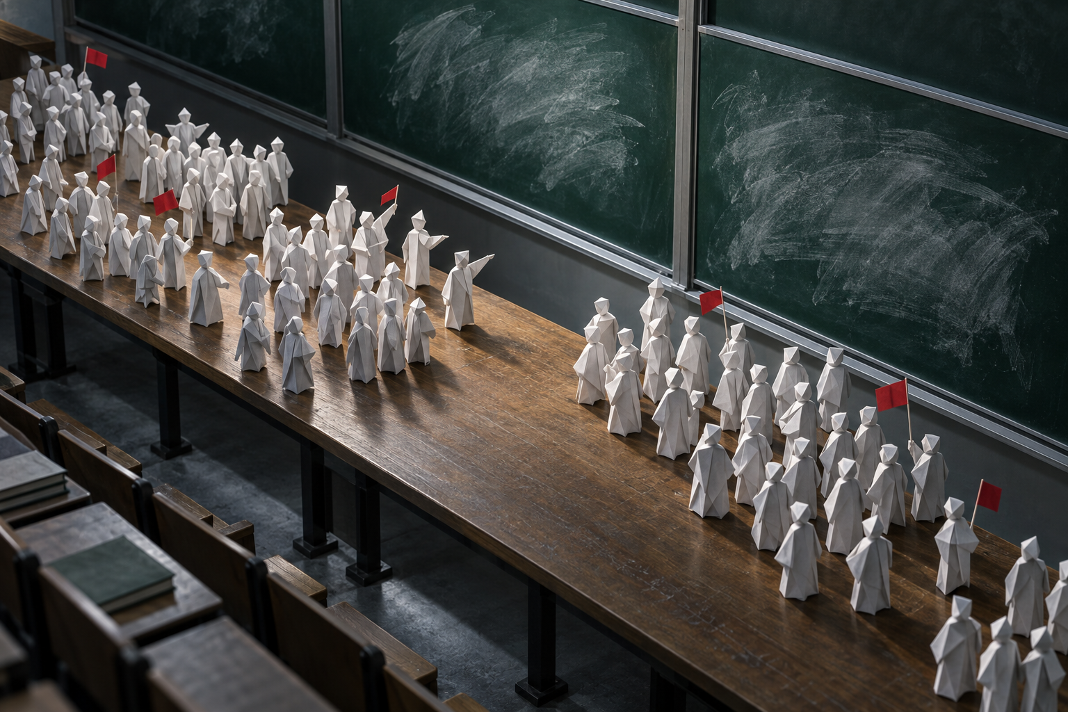 Clusters of small paper figures on a long table face a smudged green chalkboard while a few raise red flags.