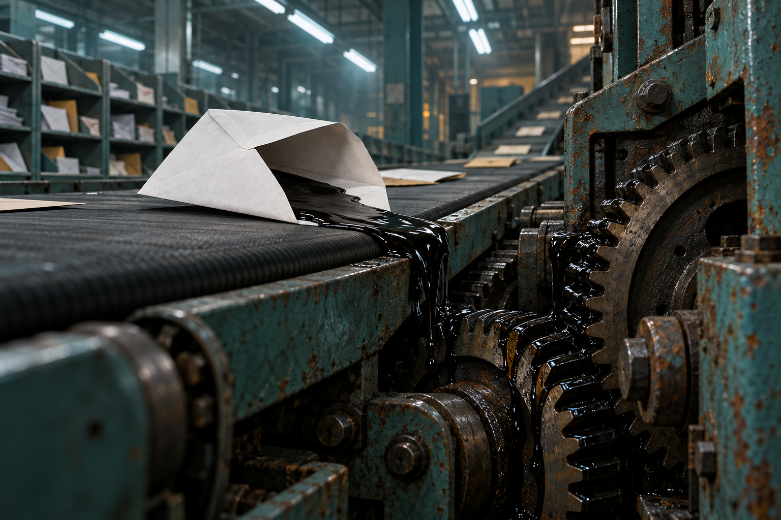 An opened envelope on a conveyor belt leaks dark liquid into the gears of a mail sorting machine under cold fluorescent light.