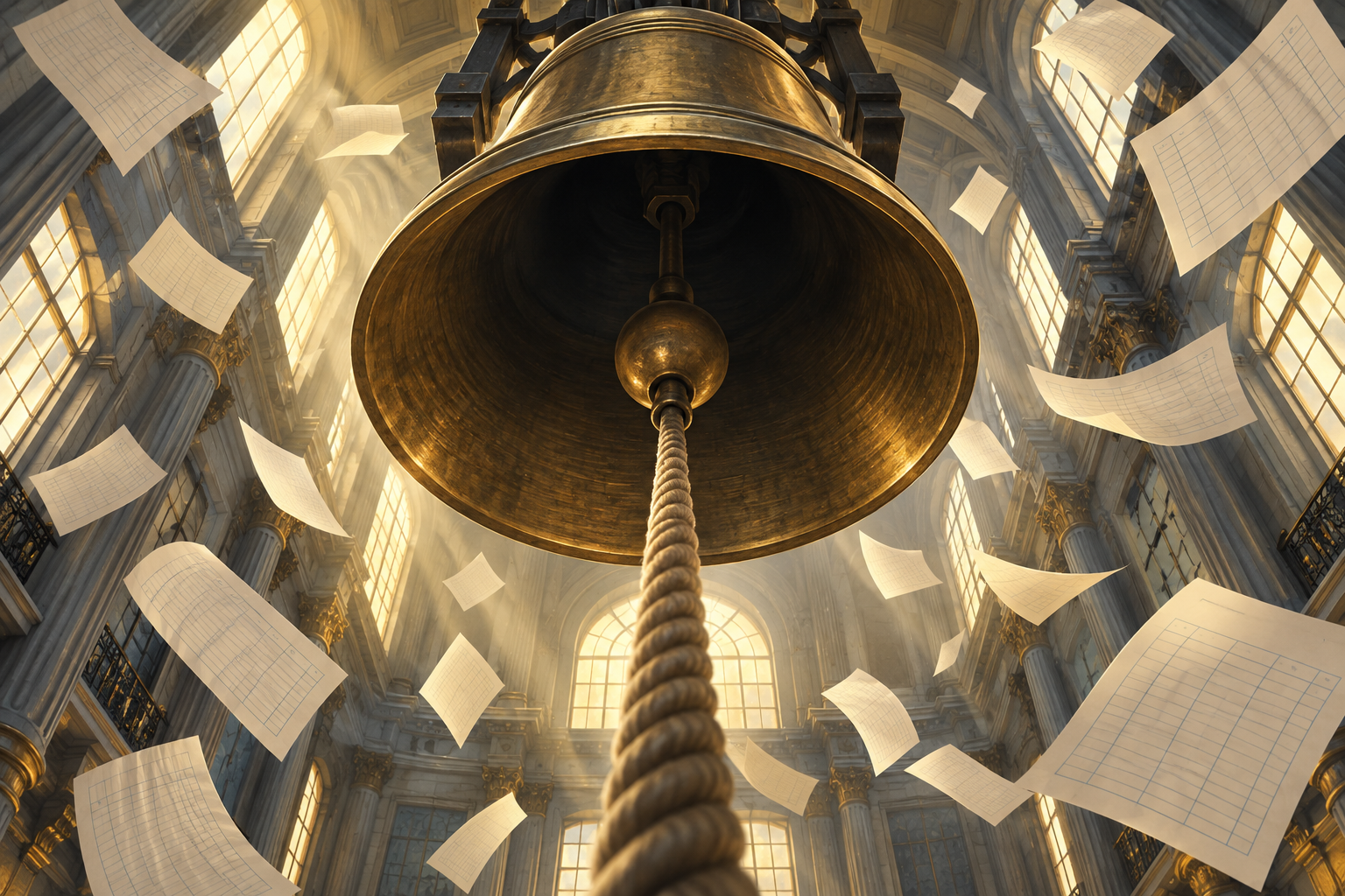 A brass bell with a taut rope seen from below as ledger pages drift down through golden light in a tall hall.