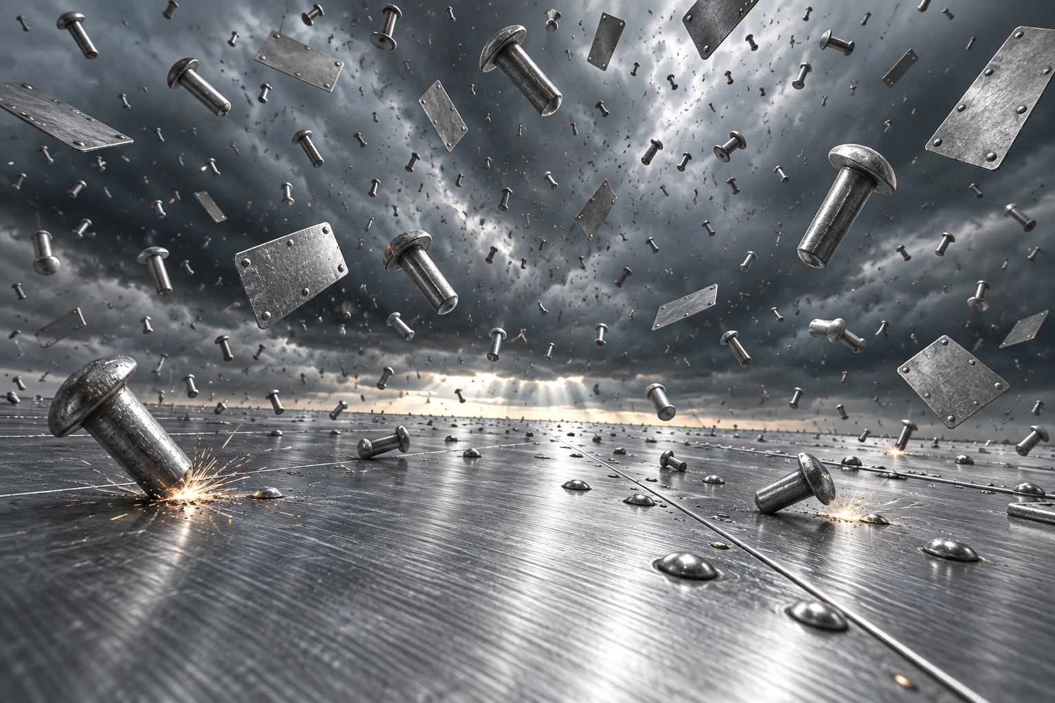 Hundreds of small metal rivets rain from a stormy sky onto a sheet of brushed aluminum, striking sparks.