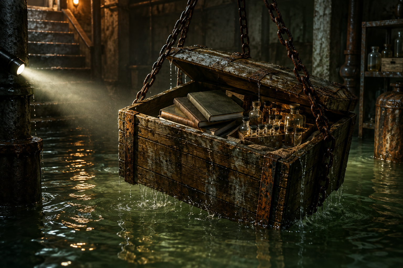 A crate of lab notebooks and vials is hoisted from a flooded basement under a flashlight beam.