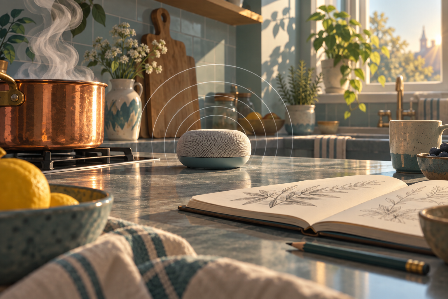 A small speaker on a kitchen counter emits translucent sound rings between a steaming pot and an open sketchbook.